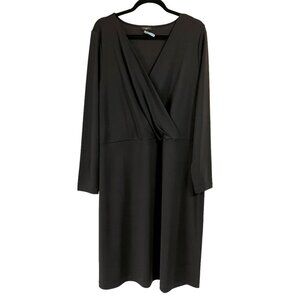 Talbots Classic Black Faux Wrap Midi Dress 2X Solid Black Long Sleeve Belted